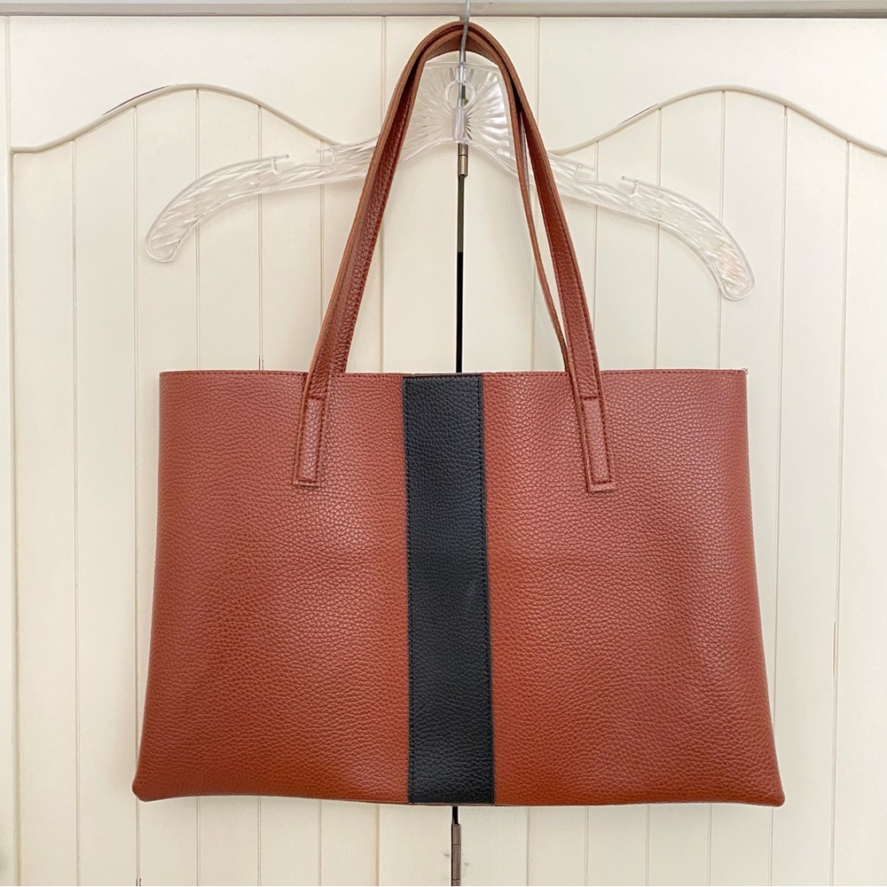 Vince Camuto Vegan Leather Slim Tote Bag Open Top Brown Black Shoulder Straps